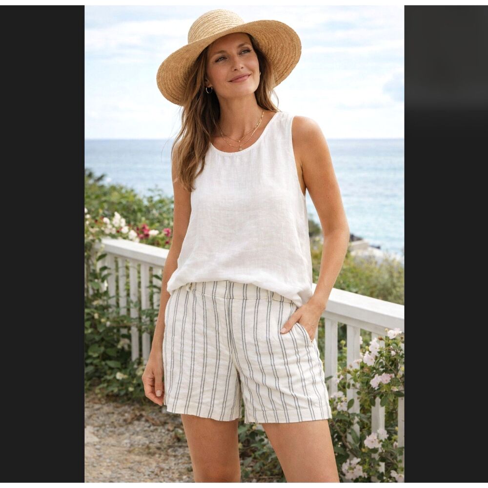 Calypso St Barth Linen Striped Shorts 12 Cream Summer Coastal Zip Pockets Resort